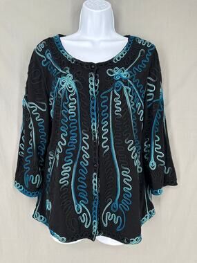 90s Vintage Jacket Medium Black Embroidered Cottage Western Boho Blue Bohemian